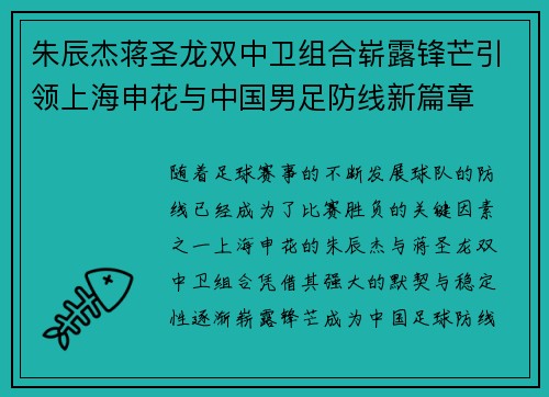 朱辰杰蒋圣龙双中卫组合崭露锋芒引领上海申花与中国男足防线新篇章