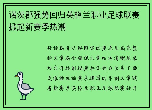 诺茨郡强势回归英格兰职业足球联赛掀起新赛季热潮