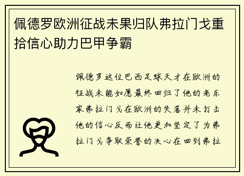 佩德罗欧洲征战未果归队弗拉门戈重拾信心助力巴甲争霸